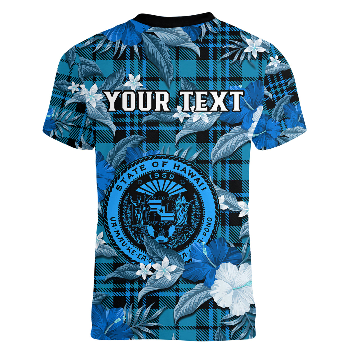 (Custom Personalised) Hawaii State Women V Neck T Shirt Tropical Flowers Mix Tartan Blue Version LT14 - Polynesian Pride