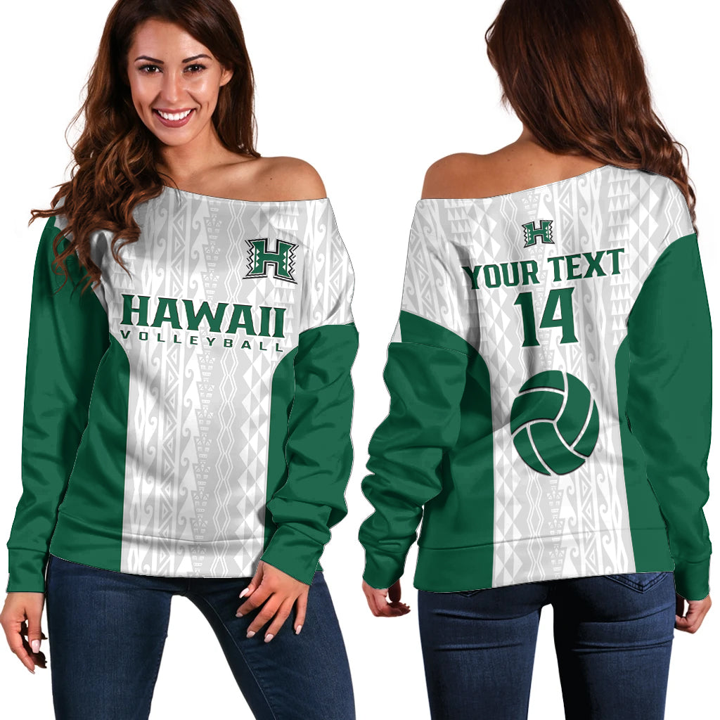 (Custom Text And Number) Hawaii Volleyball Off Shoulder Sweater Hawaiian Kakau White Style LT14 Women White - Polynesian Pride