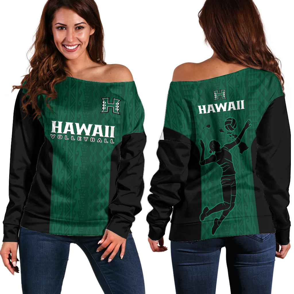 Hawaii Volleyball Off Shoulder Sweater Hawaiian Kakau Green Style LT14 Women Green - Polynesian Pride