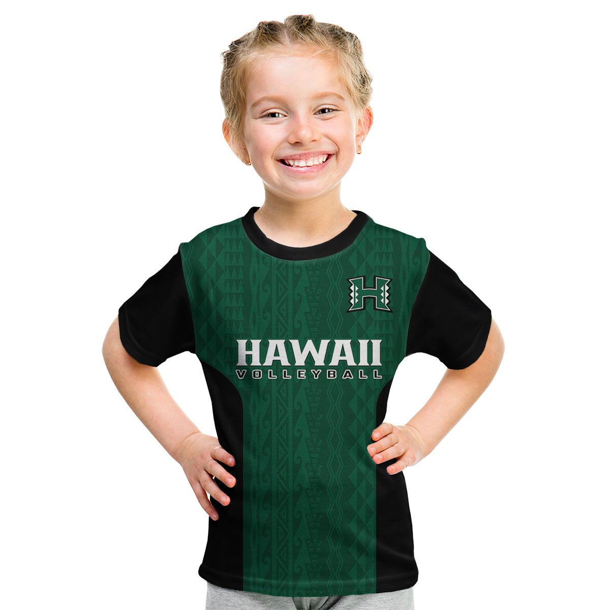 (Custom Text And Number) Hawaii Volleyball Kid T Shirt Hawaiian Kakau Green Style LT14 - Polynesian Pride