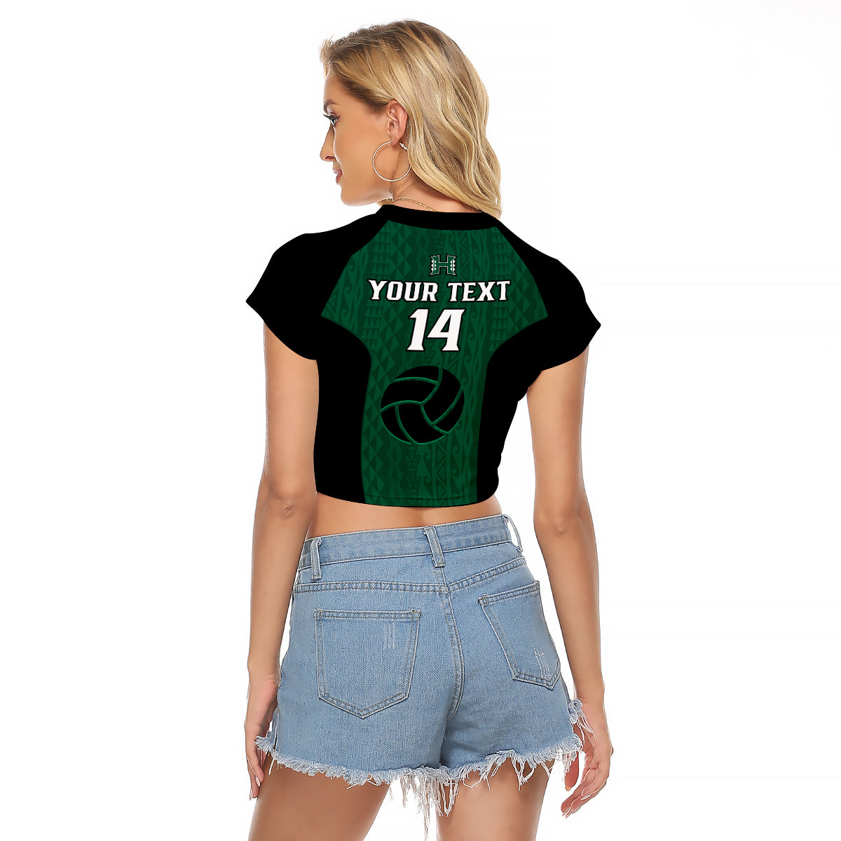 (Custom Text And Number) Hawaii Volleyball Raglan Cropped T Shirt Hawaiian Kakau Green Style LT14 - Polynesian Pride