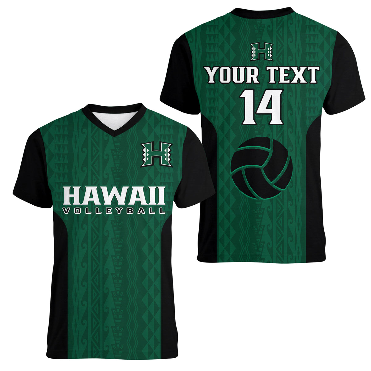 (Custom Text And Number) Hawaii Volleyball Women V Neck T Shirt Hawaiian Kakau Green Style LT14 Female Green - Polynesian Pride
