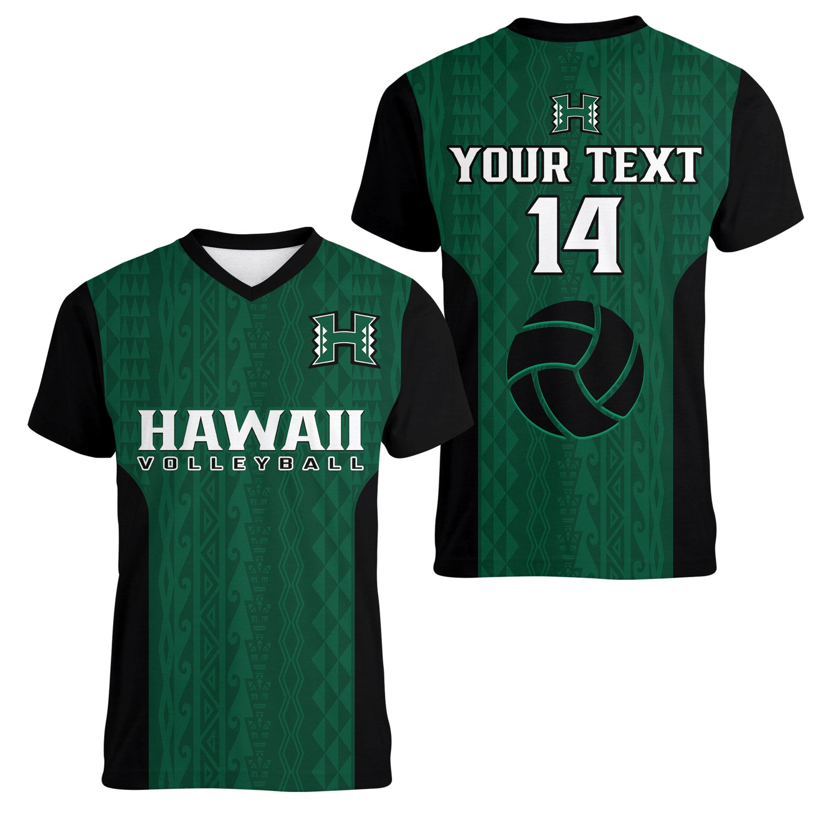 (Custom Text And Number) Hawaii Volleyball Women V Neck T Shirt Hawaiian Kakau Green Style LT14 Female Green - Polynesian Pride
