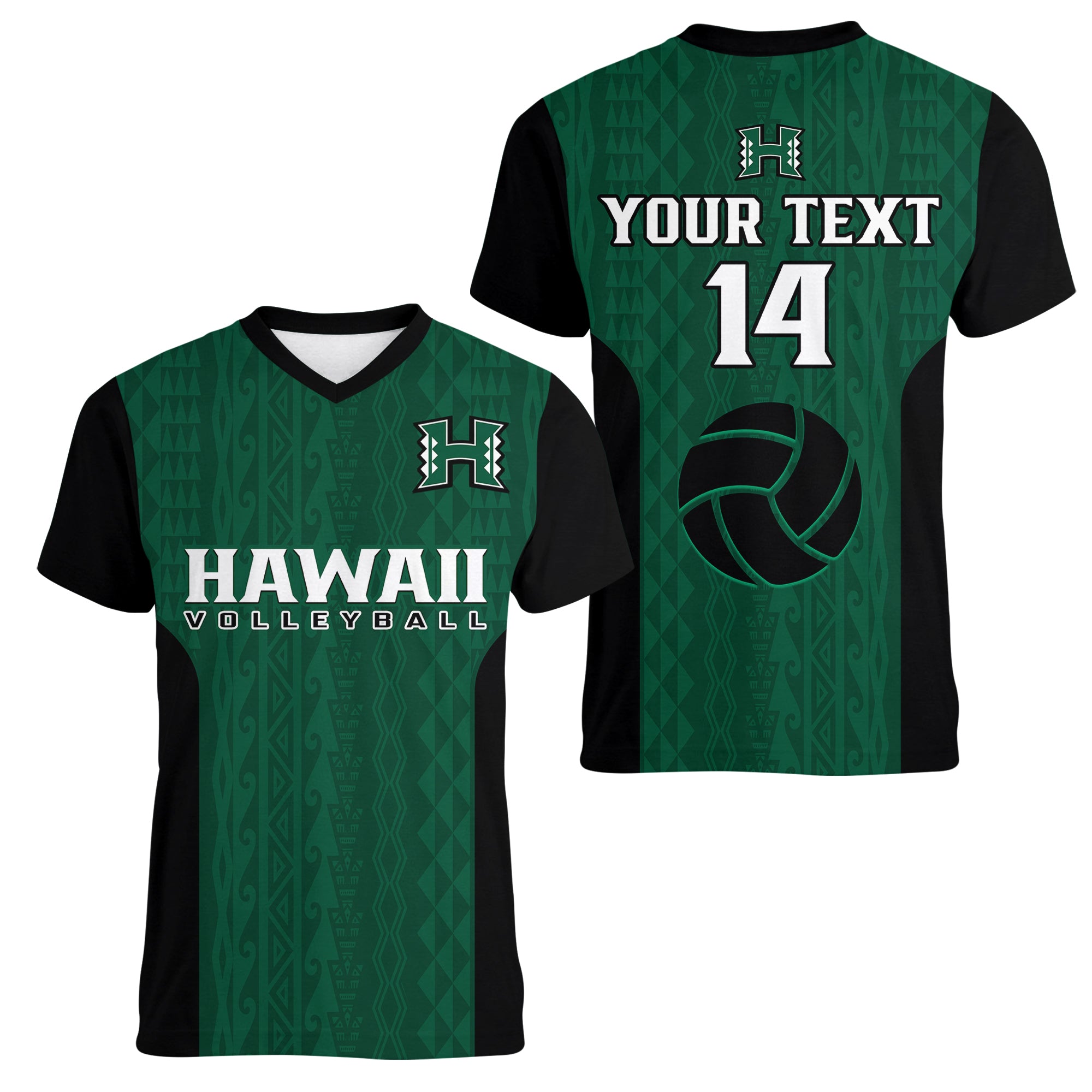 (Custom Text And Number) Hawaii Volleyball Women V Neck T Shirt Hawaiian Kakau Green Style LT14 Female Green - Polynesian Pride