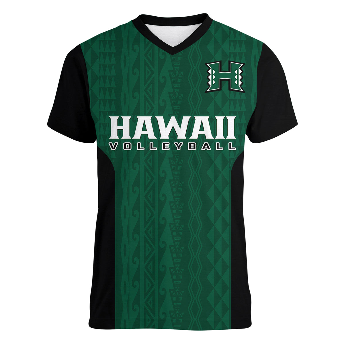 (Custom Text And Number) Hawaii Volleyball Women V Neck T Shirt Hawaiian Kakau Green Style LT14 - Polynesian Pride