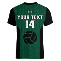 (Custom Text And Number) Hawaii Volleyball Women V Neck T Shirt Hawaiian Kakau Green Style LT14 - Polynesian Pride