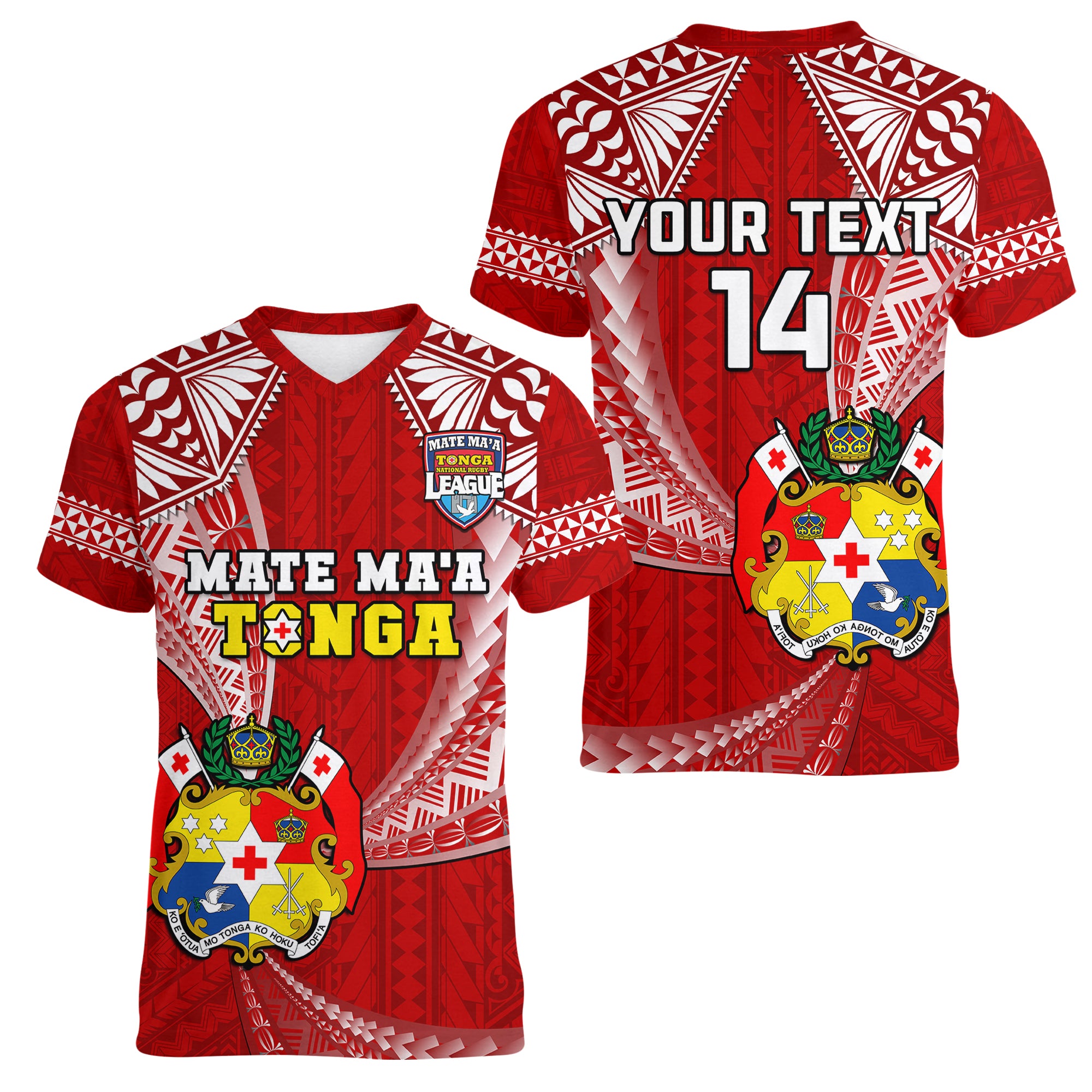 (Custom Text And Number) Tonga Rugby Women V Neck T Shirt Mate Maa Tonga Pacific Tongan Ngatu LT14 Female Red - Polynesian Pride