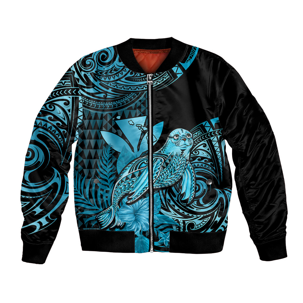 (Custom Personalised) Hawaii Monk Seal Bomber Jacket Polynesian Kakau With Kanaka Turquoise LT14 Unisex Turquoise - Polynesian Pride