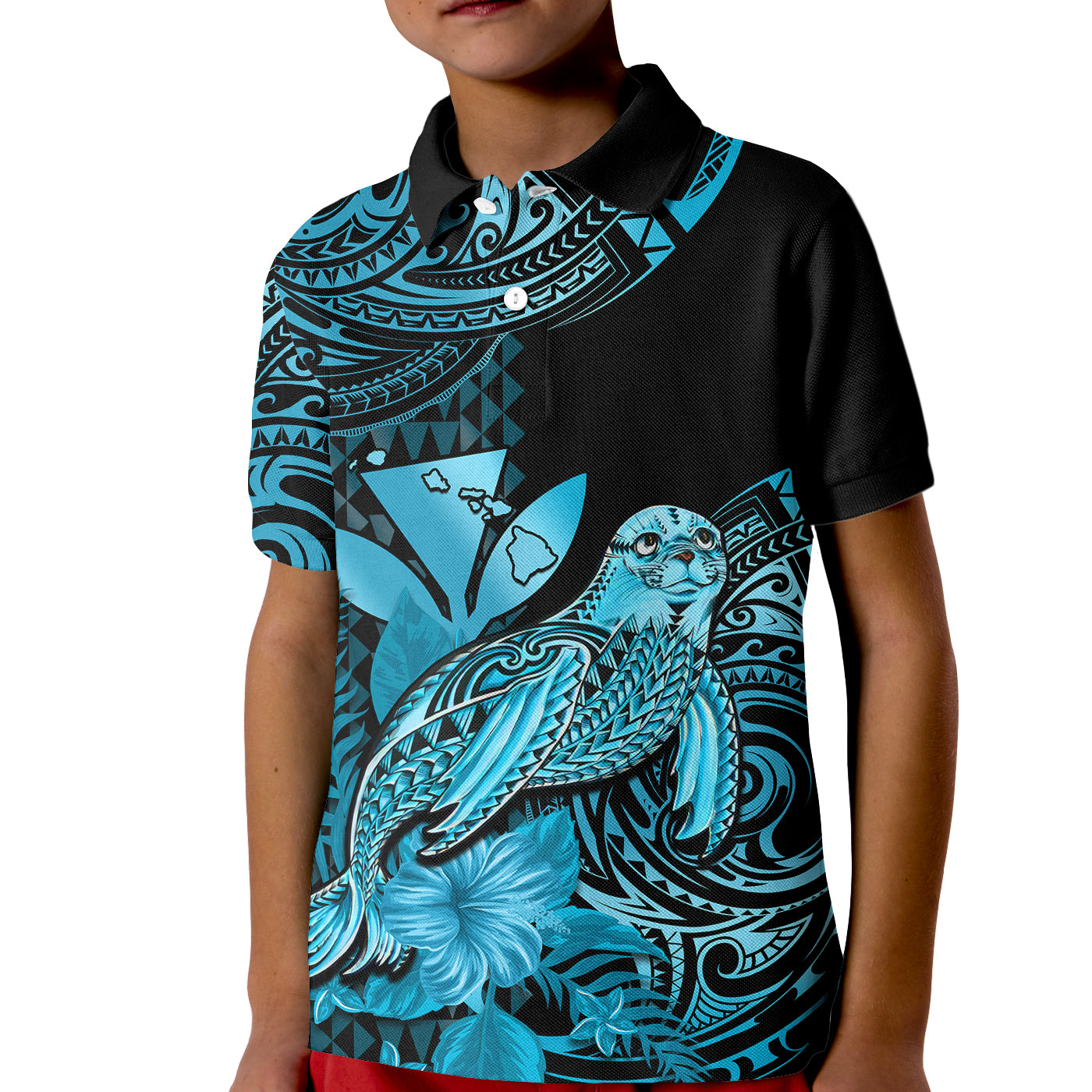 (Custom Personalised) Hawaii Monk Seal Kid Polo Shirt Polynesian Kakau With Kanaka Turquoise LT14 Kid Turquoise - Polynesian Pride