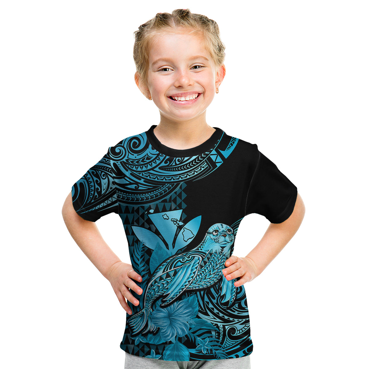 (Custom Personalised) Hawaii Monk Seal Kid T Shirt Polynesian Kakau With Kanaka Turquoise LT14 - Polynesian Pride