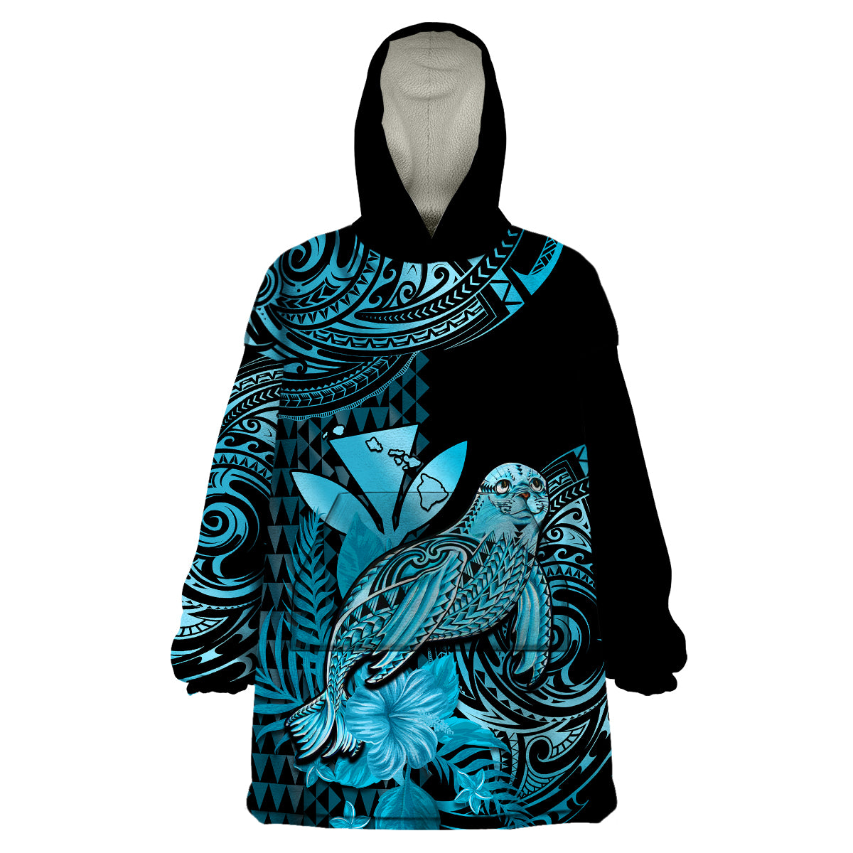 (Custom Personalised) Hawaii Monk Seal Wearable Blanket Hoodie Polynesian Kakau With Kanaka Turquoise LT14 Unisex One Size - Polynesian Pride