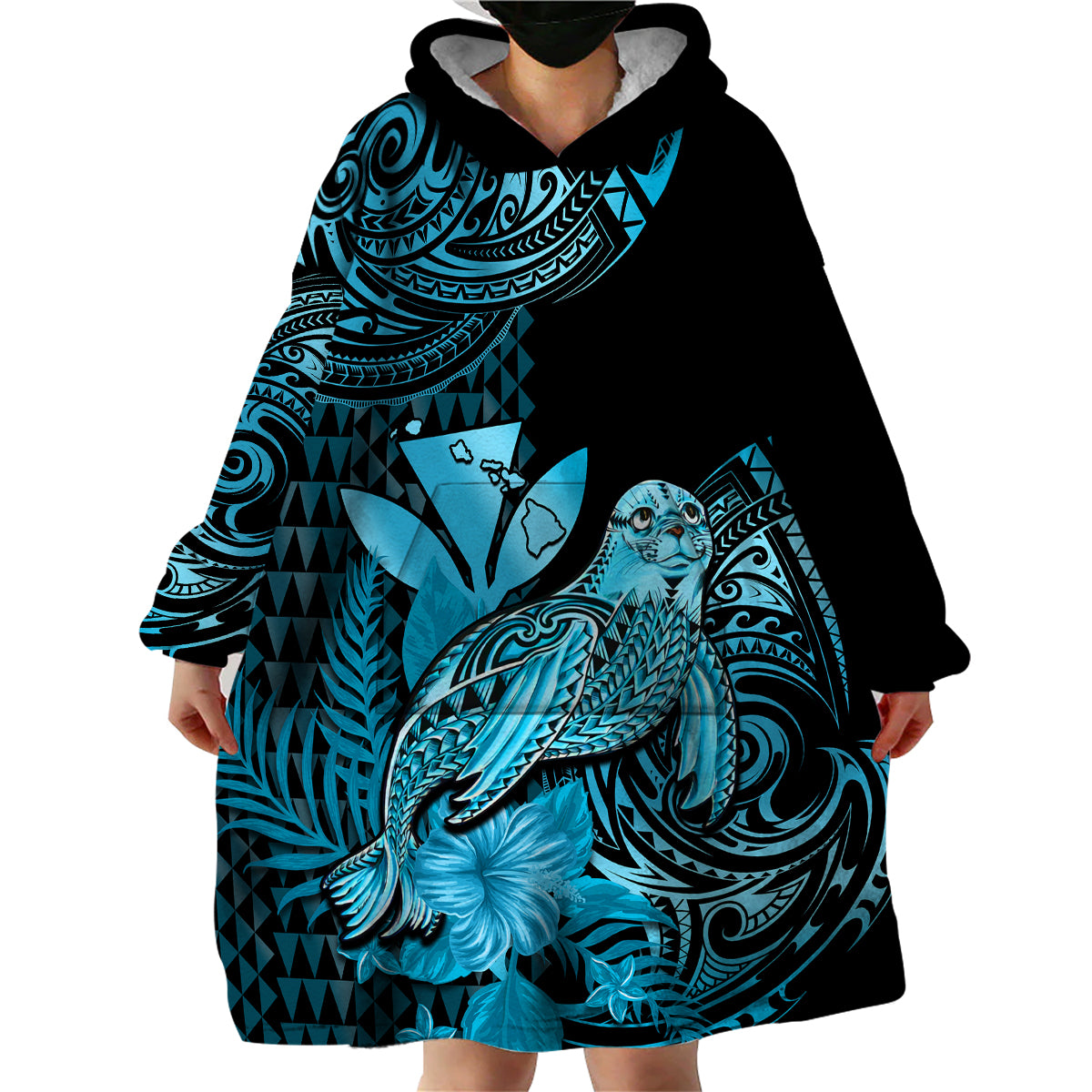 (Custom Personalised) Hawaii Monk Seal Wearable Blanket Hoodie Polynesian Kakau With Kanaka Turquoise LT14 - Polynesian Pride