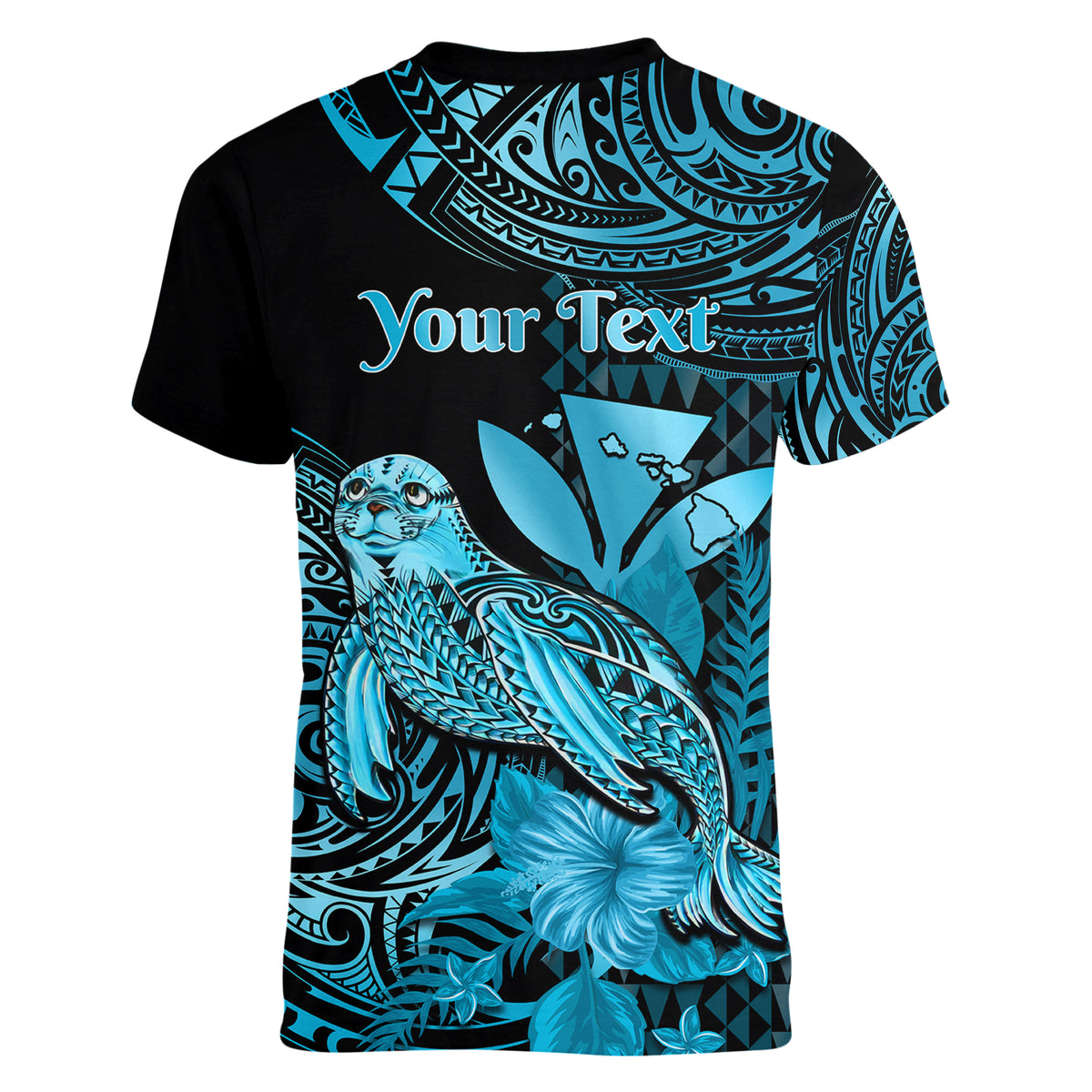 (Custom Personalised) Hawaii Monk Seal Women V Neck T Shirt Polynesian Kakau With Kanaka Turquoise LT14 - Polynesian Pride