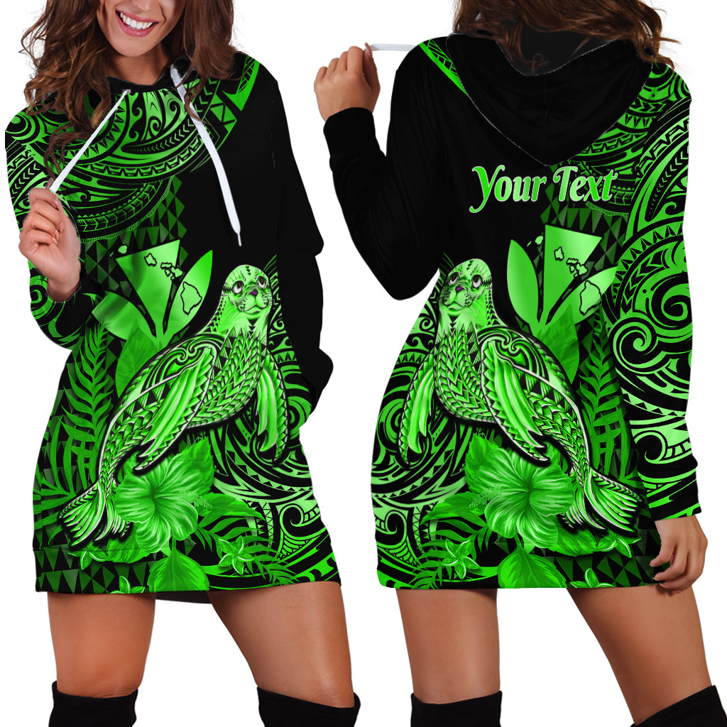 (Custom Personalised) Hawaii Monk Seal Hoodie Dress Polynesian Kakau With Kanaka Green LT14 Green - Polynesian Pride