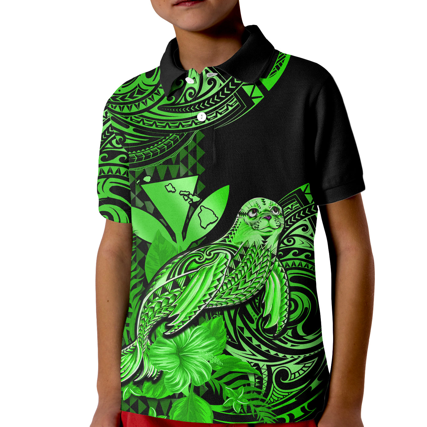 (Custom Personalised) Hawaii Monk Seal Kid Polo Shirt Polynesian Kakau With Kanaka Green LT14 Kid Green - Polynesian Pride