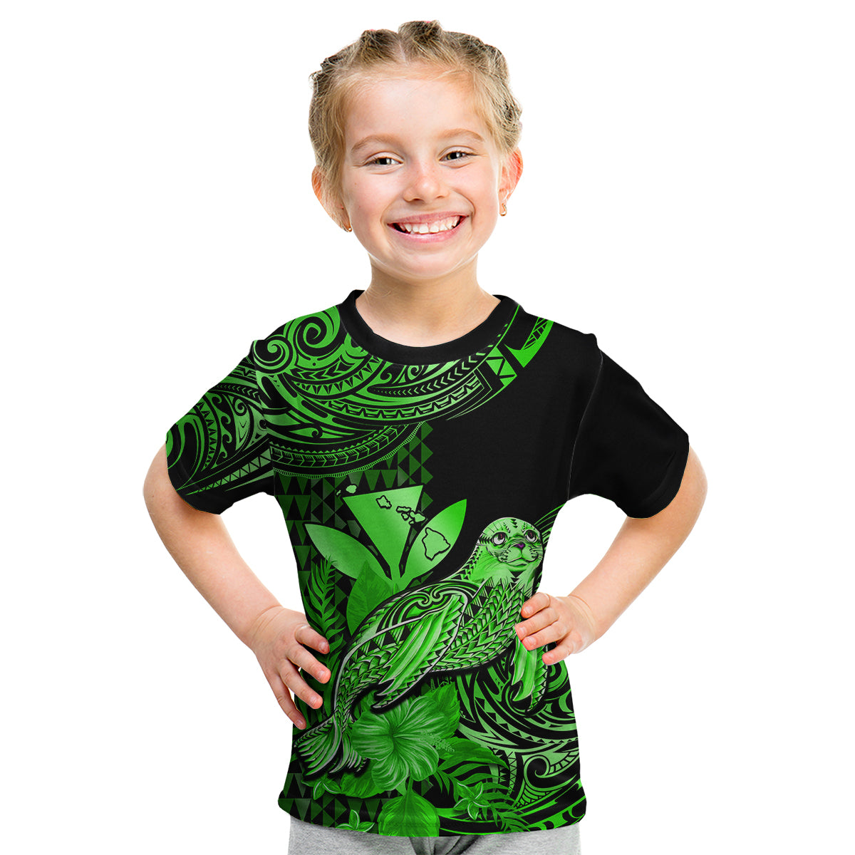 (Custom Personalised) Hawaii Monk Seal Kid T Shirt Polynesian Kakau With Kanaka Green LT14 - Polynesian Pride