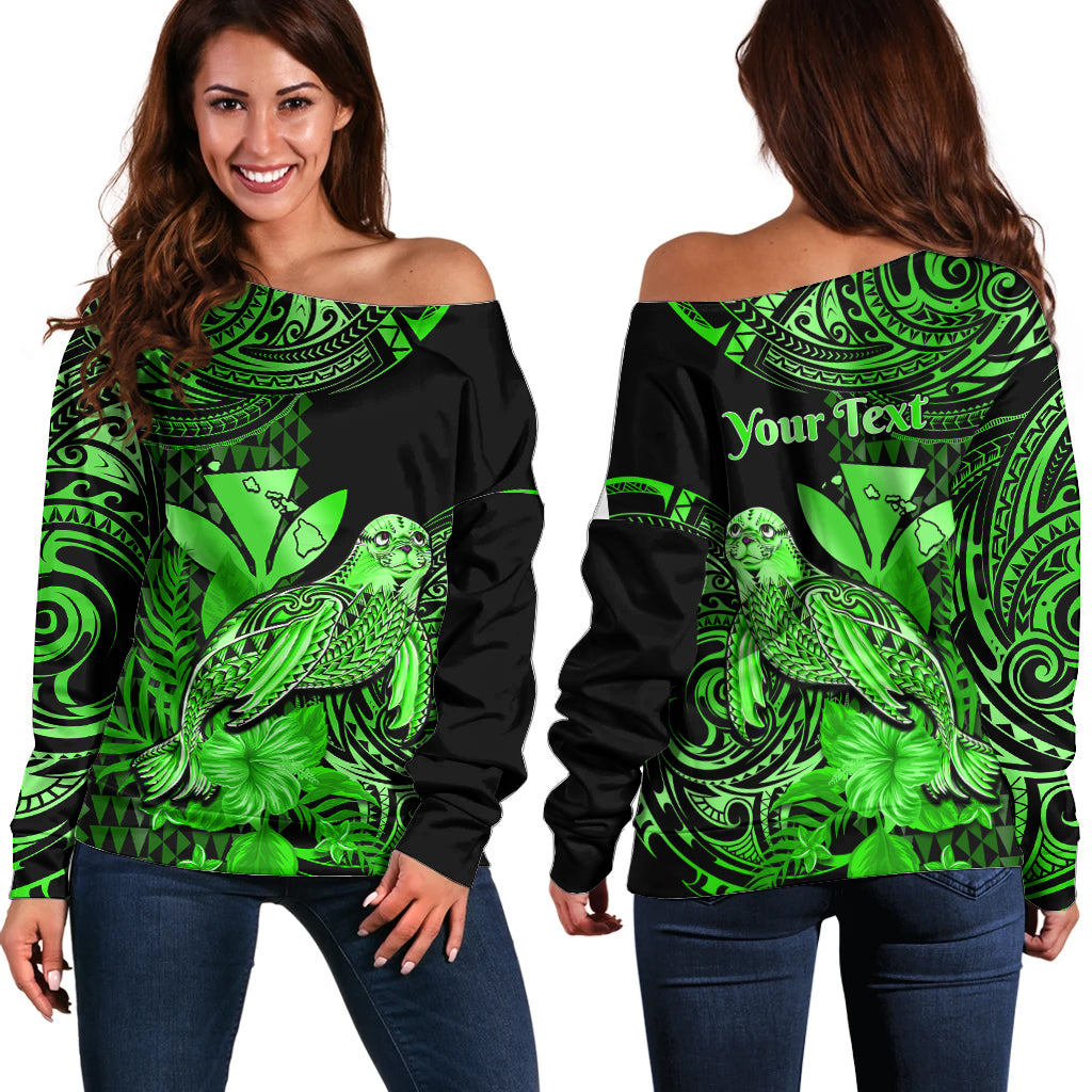 (Custom Personalised) Hawaii Monk Seal Off Shoulder Sweater Polynesian Kakau With Kanaka Green LT14 Women Green - Polynesian Pride