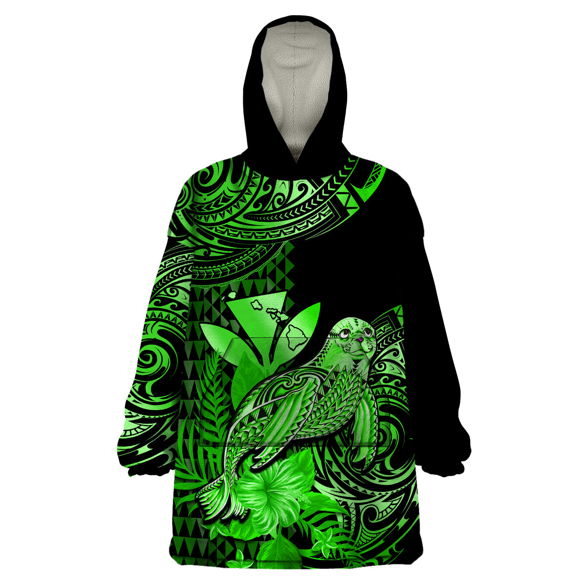 (Custom Personalised) Hawaii Monk Seal Wearable Blanket Hoodie Polynesian Kakau With Kanaka Green LT14 Unisex One Size - Polynesian Pride