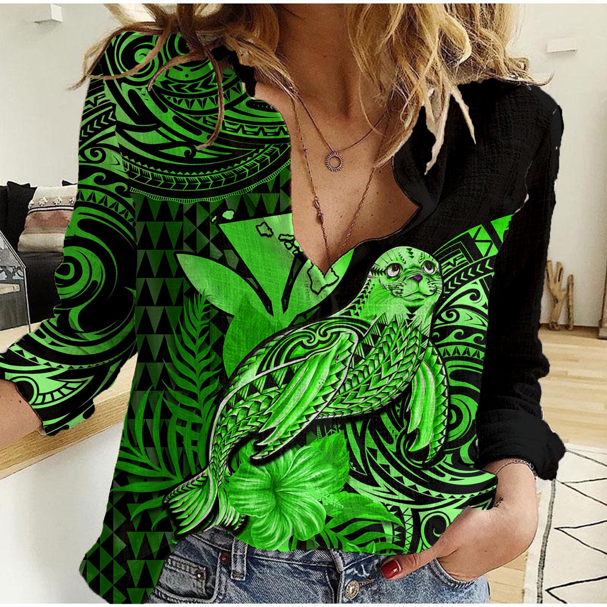 (Custom Personalised) Hawaii Monk Seal Women Casual Shirt Polynesian Kakau With Kanaka Green LT14 Female Green - Polynesian Pride