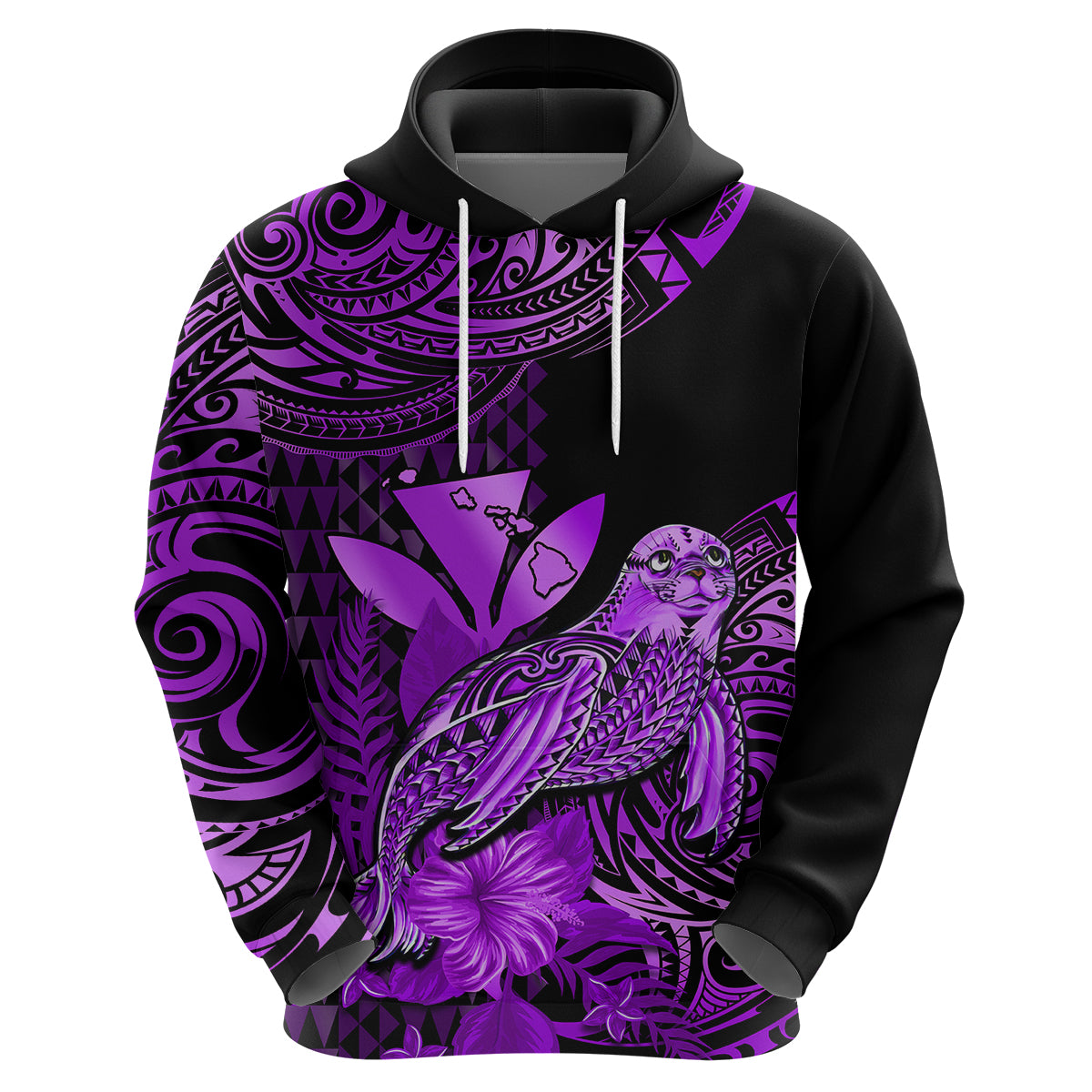Custom Hawaii Monk Seal Hoodie Polynesian Kakau With Kanaka Purple LT14 Zip Hoodie Purple - Polynesian Pride