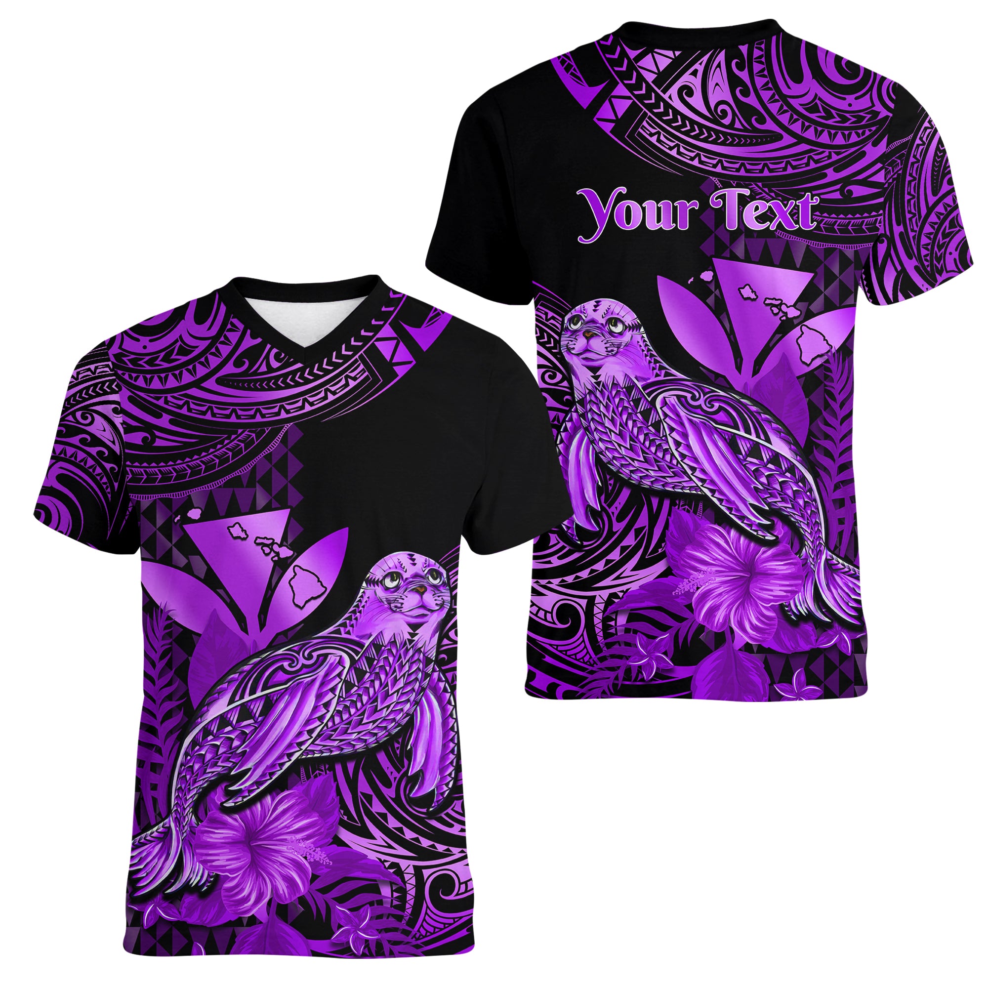 (Custom Personalised) Hawaii Monk Seal Women V Neck T Shirt Polynesian Kakau With Kanaka Purple LT14 Female Purple - Polynesian Pride