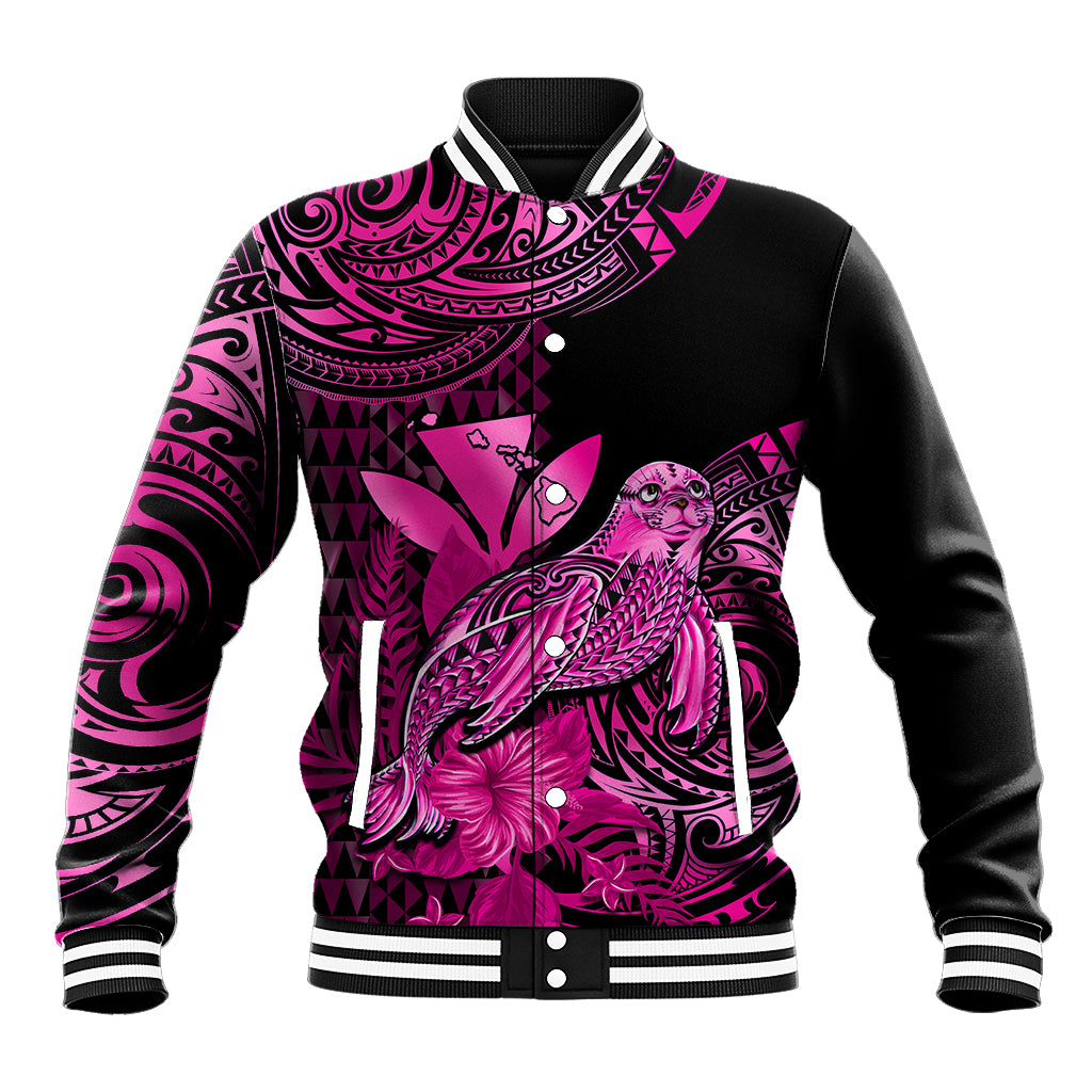 (Custom Personalised) Hawaii Monk Seal Baseball Jacket Polynesian Kakau With Kanaka Pink LT14 Unisex Pink - Polynesian Pride