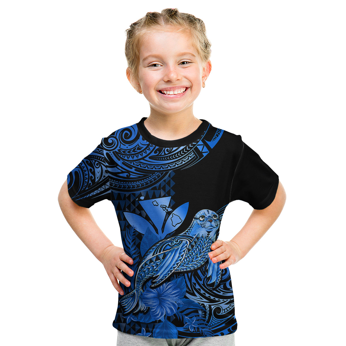 (Custom Personalised) Hawaii Monk Seal Kid T Shirt Polynesian Kakau With Kanaka Blue LT14 - Polynesian Pride