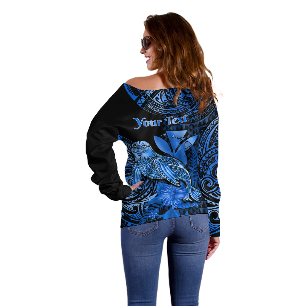 (Custom Personalised) Hawaii Monk Seal Off Shoulder Sweater Polynesian Kakau With Kanaka Blue LT14 - Polynesian Pride