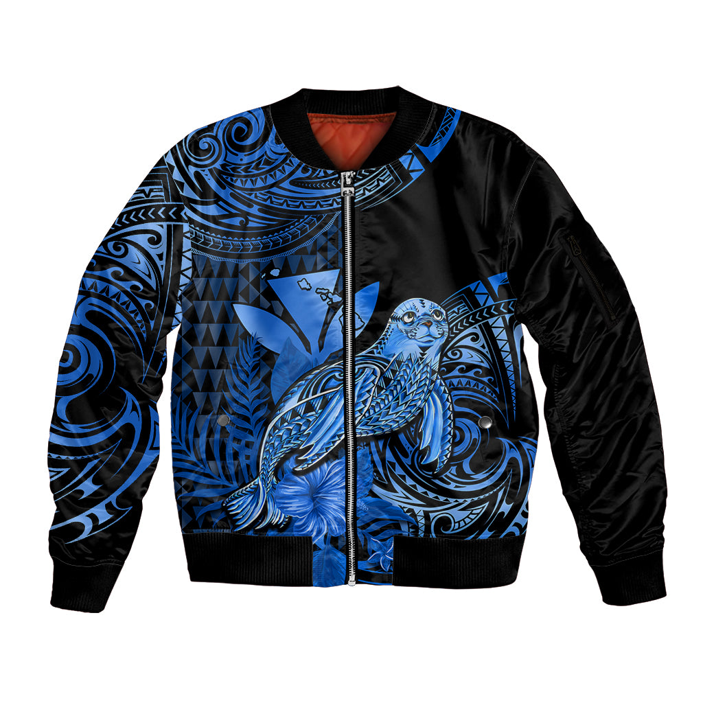 (Custom Personalised) Hawaii Monk Seal Sleeve Zip Bomber Jacket Polynesian Kakau With Kanaka Blue LT14 Unisex Blue - Polynesian Pride