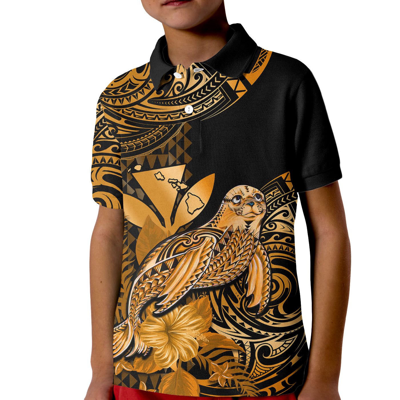 (Custom Personalised) Hawaii Monk Seal Kid Polo Shirt Polynesian Kakau With Kanaka Gold LT14 Kid Gold - Polynesian Pride