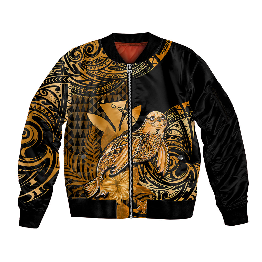 (Custom Personalised) Hawaii Monk Seal Sleeve Zip Bomber Jacket Polynesian Kakau With Kanaka Gold LT14 Unisex Gold - Polynesian Pride