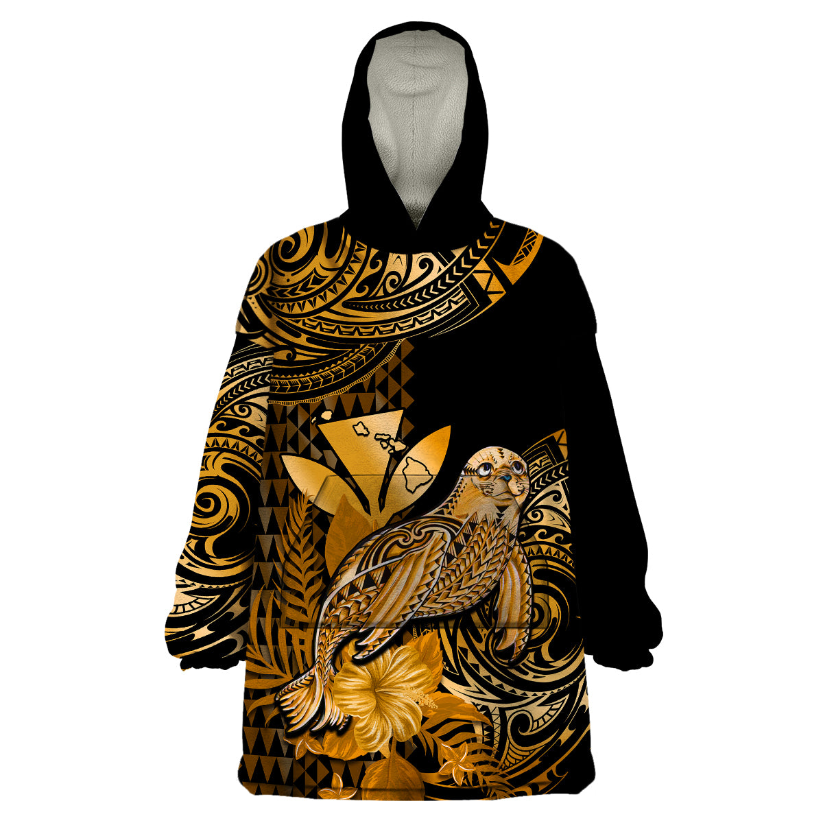 (Custom Personalised) Hawaii Monk Seal Wearable Blanket Hoodie Polynesian Kakau With Kanaka Gold LT14 Unisex One Size - Polynesian Pride