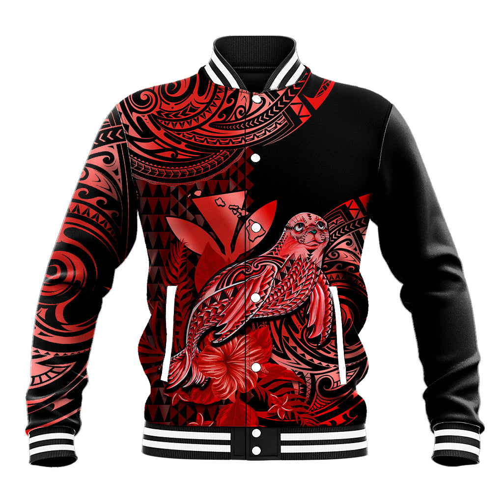 (Custom Personalised) Hawaii Monk Seal Baseball Jacket Polynesian Kakau With Kanaka Red LT14 Unisex Red - Polynesian Pride