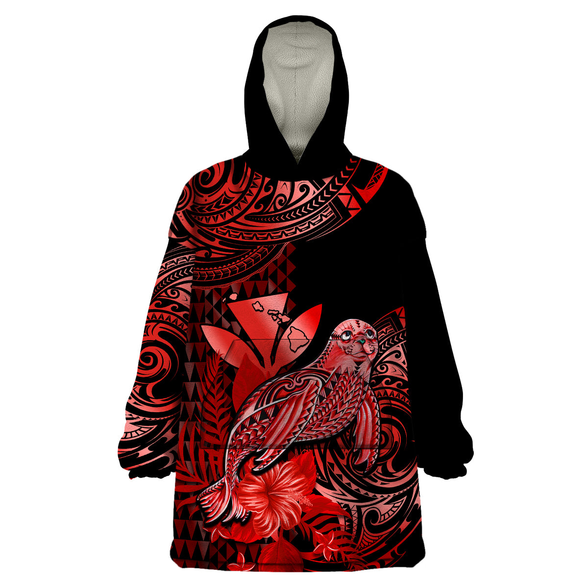 (Custom Personalised) Hawaii Monk Seal Wearable Blanket Hoodie Polynesian Kakau With Kanaka Red LT14 Unisex One Size - Polynesian Pride