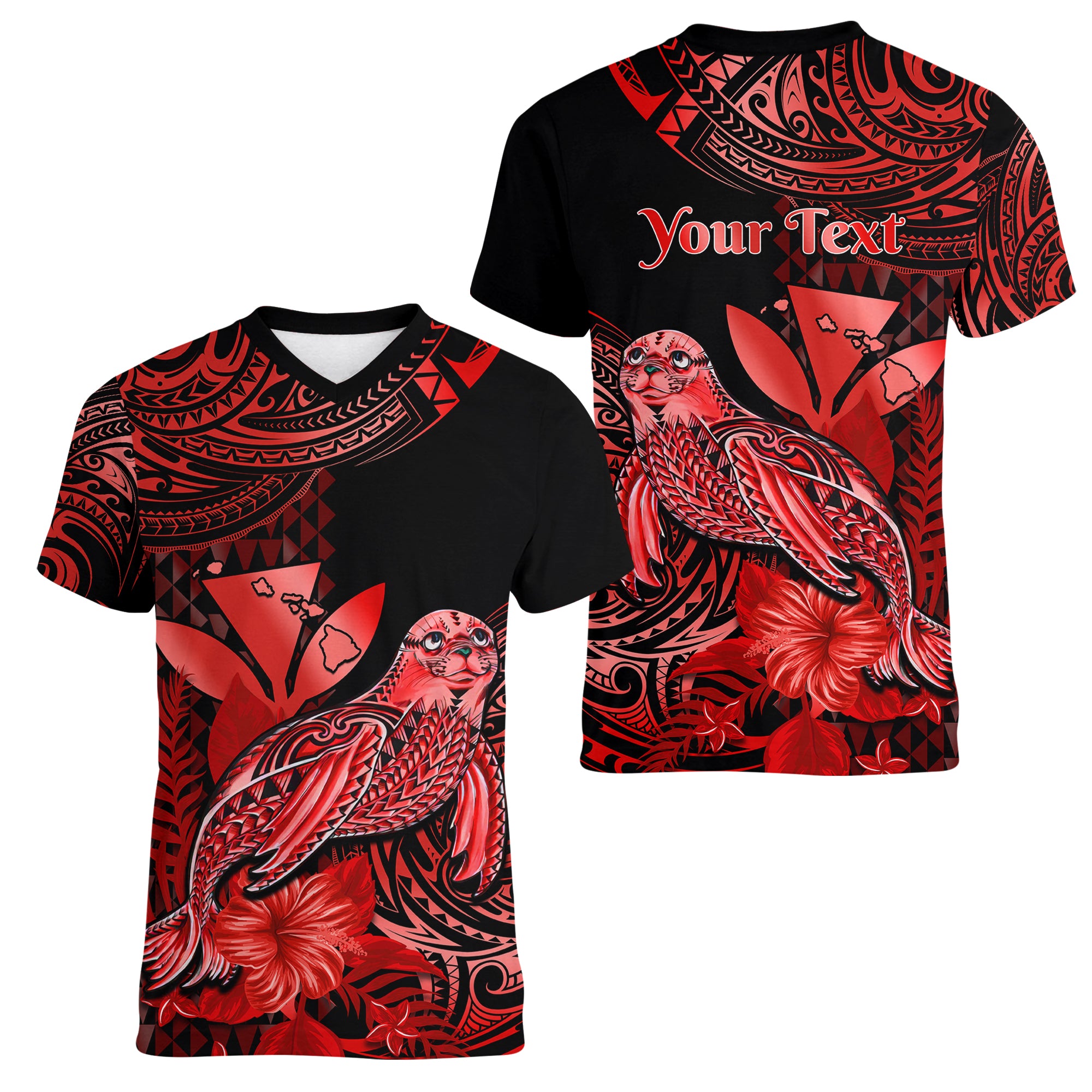 (Custom Personalised) Hawaii Monk Seal Women V Neck T Shirt Polynesian Kakau With Kanaka Red LT14 Female Red - Polynesian Pride