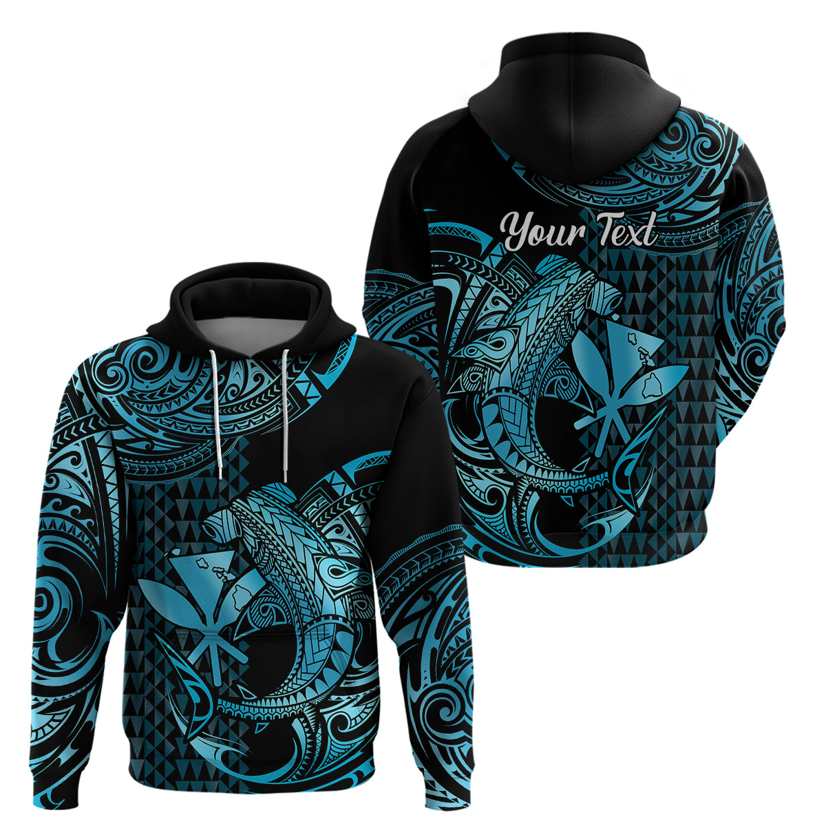 Custom Hawaii Hammerhead Shark Hoodie Polynesian Kakau With Kanaka Turquoise LT14 Pullover Hoodie Turquoise - Polynesian Pride