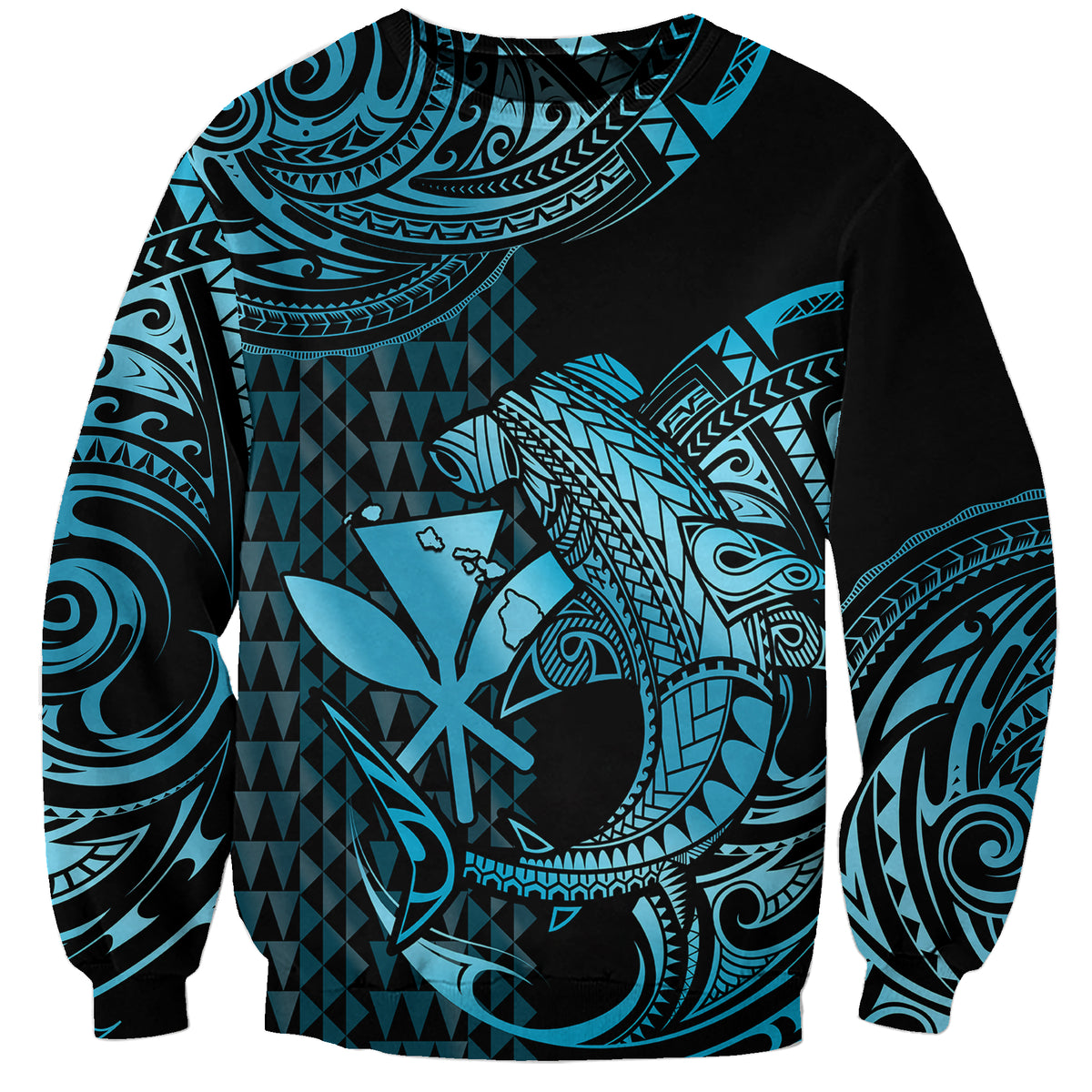 (Custom Personalised) Hawaii Hammerhead Shark Sweatshirt Polynesian Kakau With Kanaka Turquoise LT14 Unisex Turquoise - Polynesian Pride