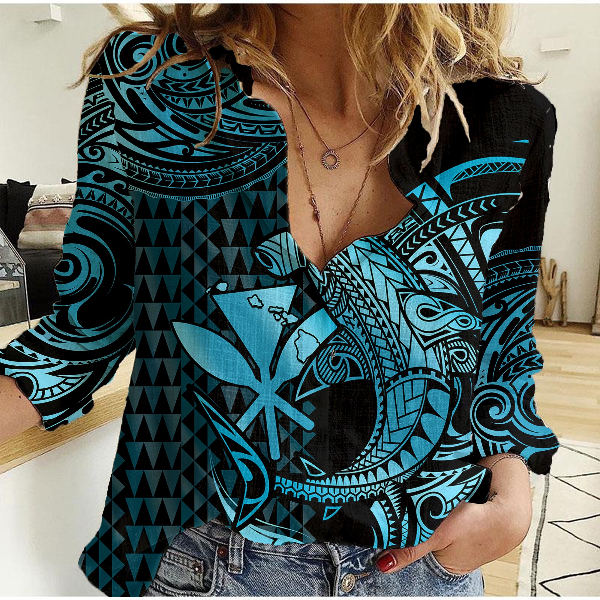 (Custom Personalised) Hawaii Hammerhead Shark Women Casual Shirt Polynesian Kakau With Kanaka Turquoise LT14 Female Turquoise - Polynesian Pride