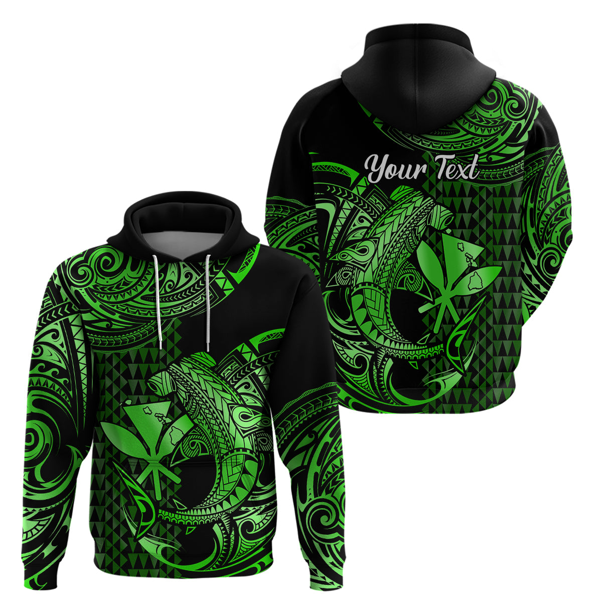 Custom Hawaii Hammerhead Shark Hoodie Polynesian Kakau With Kanaka Green LT14 Pullover Hoodie Green - Polynesian Pride