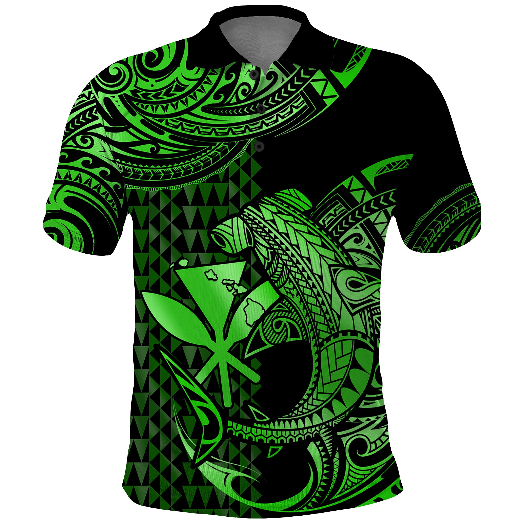 Custom Hawaii Hammerhead Shark Polo Shirt Polynesian Kakau With Kanaka Green LT14 Green - Polynesian Pride