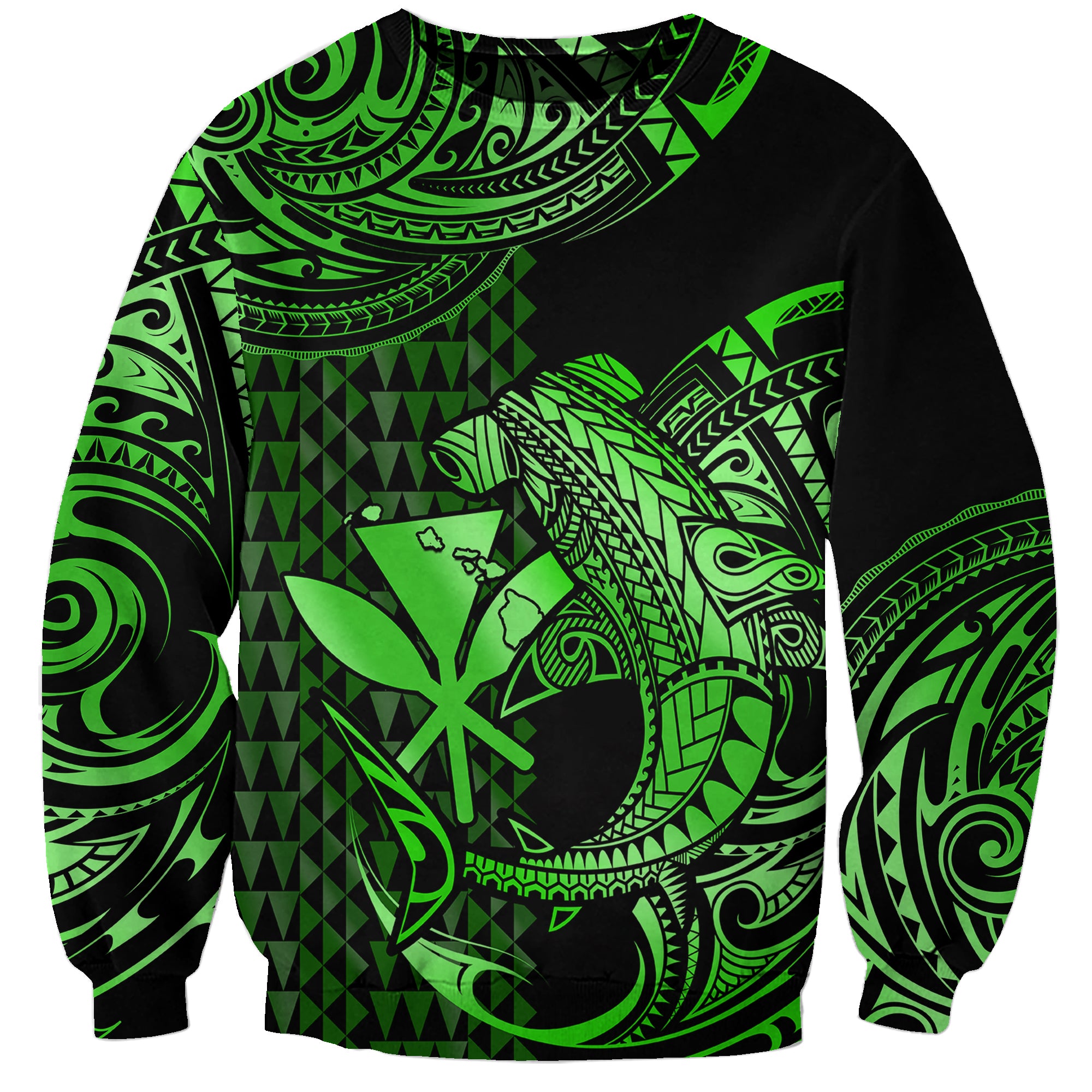 (Custom Personalised) Hawaii Hammerhead Shark Sweatshirt Polynesian Kakau With Kanaka Green LT14 Unisex Green - Polynesian Pride