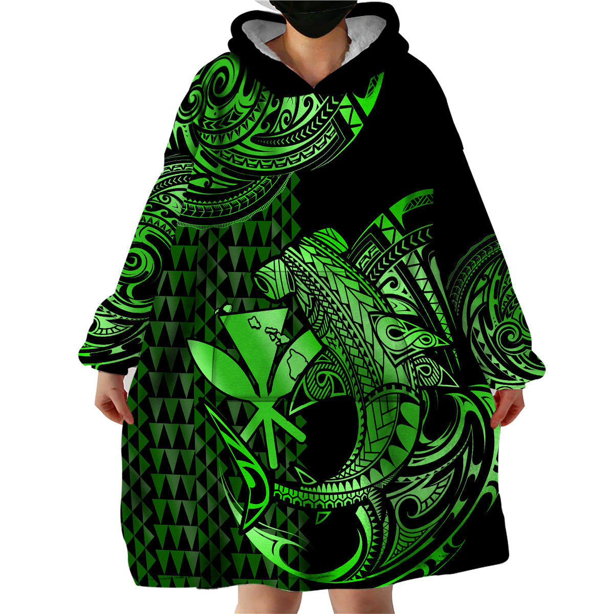 (Custom Personalised) Hawaii Hammerhead Shark Wearable Blanket Hoodie Polynesian Kakau With Kanaka Green LT14 - Polynesian Pride