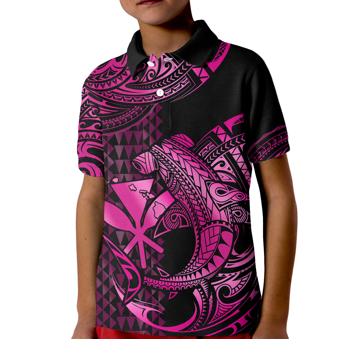 (Custom Personalised) Hawaii Hammerhead Shark Kid Polo Shirt Polynesian Kakau With Kanaka Pink LT14 Kid Pink - Polynesian Pride