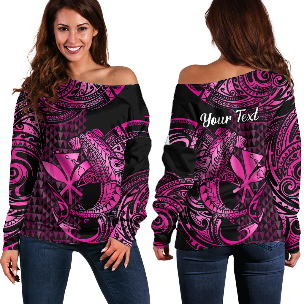 (Custom Personalised) Hawaii Hammerhead Shark Off Shoulder Sweater Polynesian Kakau With Kanaka Pink LT14 Women Pink - Polynesian Pride