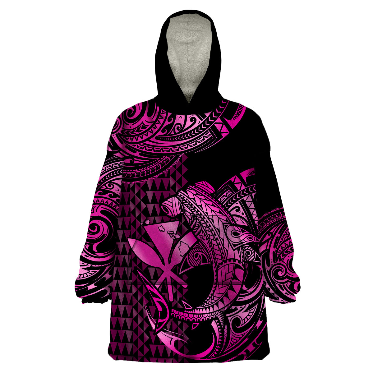 (Custom Personalised) Hawaii Hammerhead Shark Wearable Blanket Hoodie Polynesian Kakau With Kanaka Pink LT14 Unisex One Size - Polynesian Pride