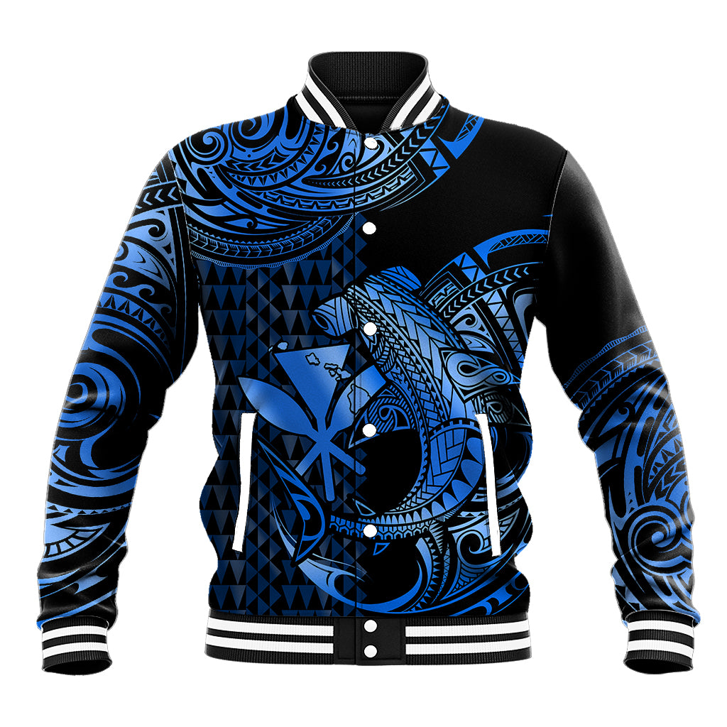 (Custom Personalised) Hawaii Hammerhead Shark Baseball Jacket Polynesian Kakau With Kanaka Blue LT14 Unisex Blue - Polynesian Pride