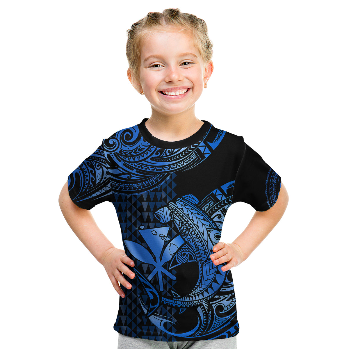 (Custom Personalised) Hawaii Hammerhead Shark Kid T Shirt Polynesian Kakau With Kanaka Blue LT14 - Polynesian Pride