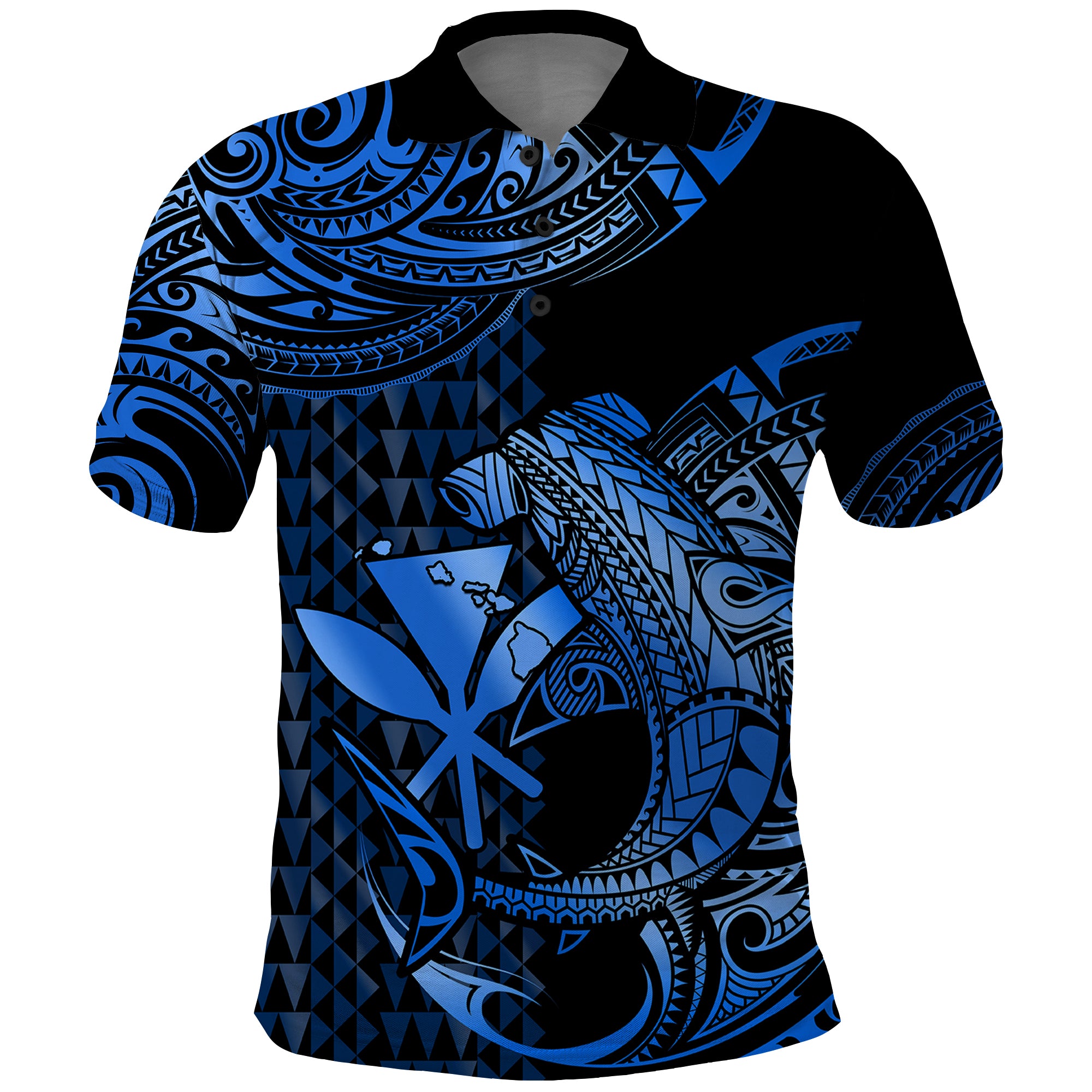 Custom Hawaii Hammerhead Shark Polo Shirt Polynesian Kakau With Kanaka Blue LT14 Blue - Polynesian Pride