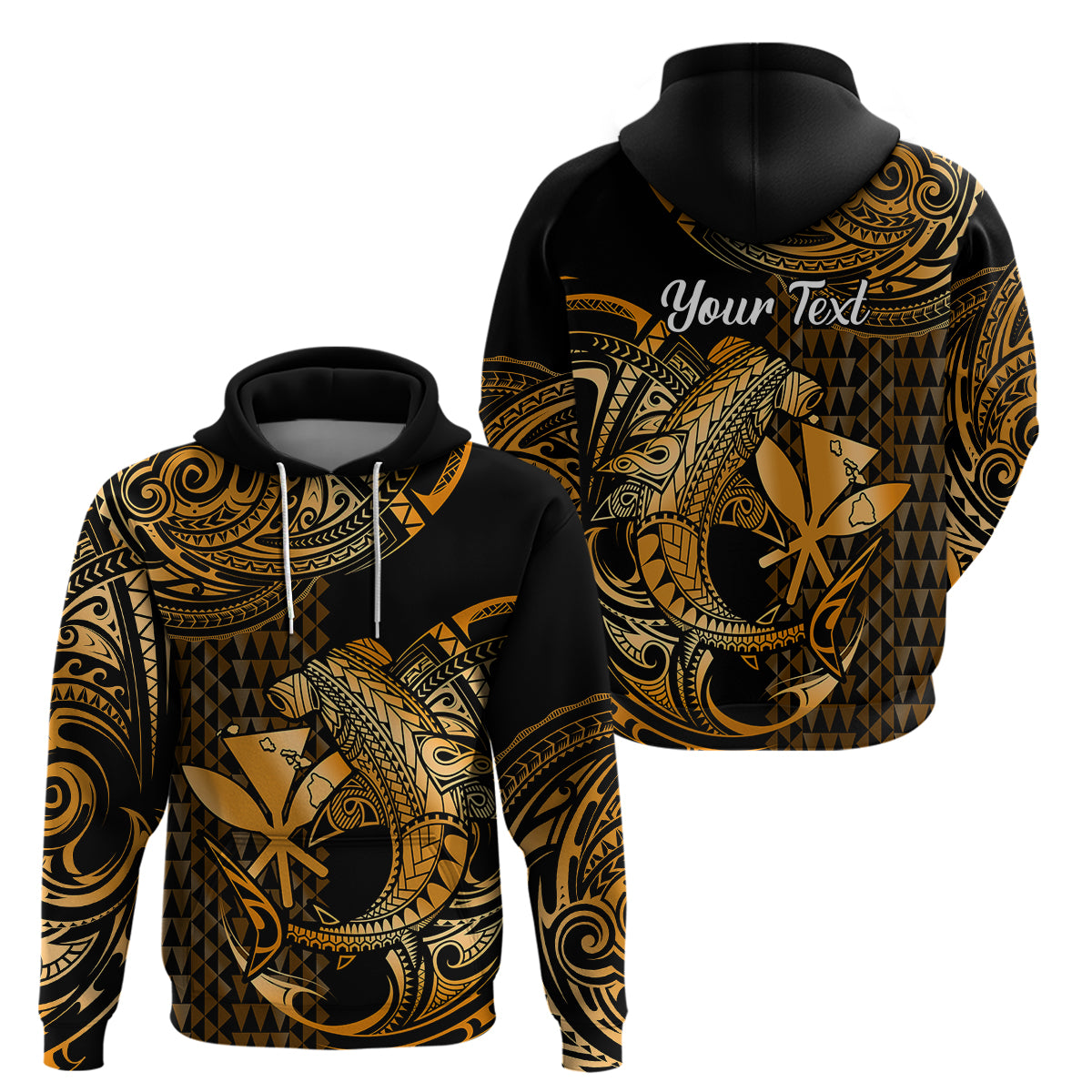 Custom Hawaii Hammerhead Shark Hoodie Polynesian Kakau With Kanaka Gold LT14 Pullover Hoodie Gold - Polynesian Pride