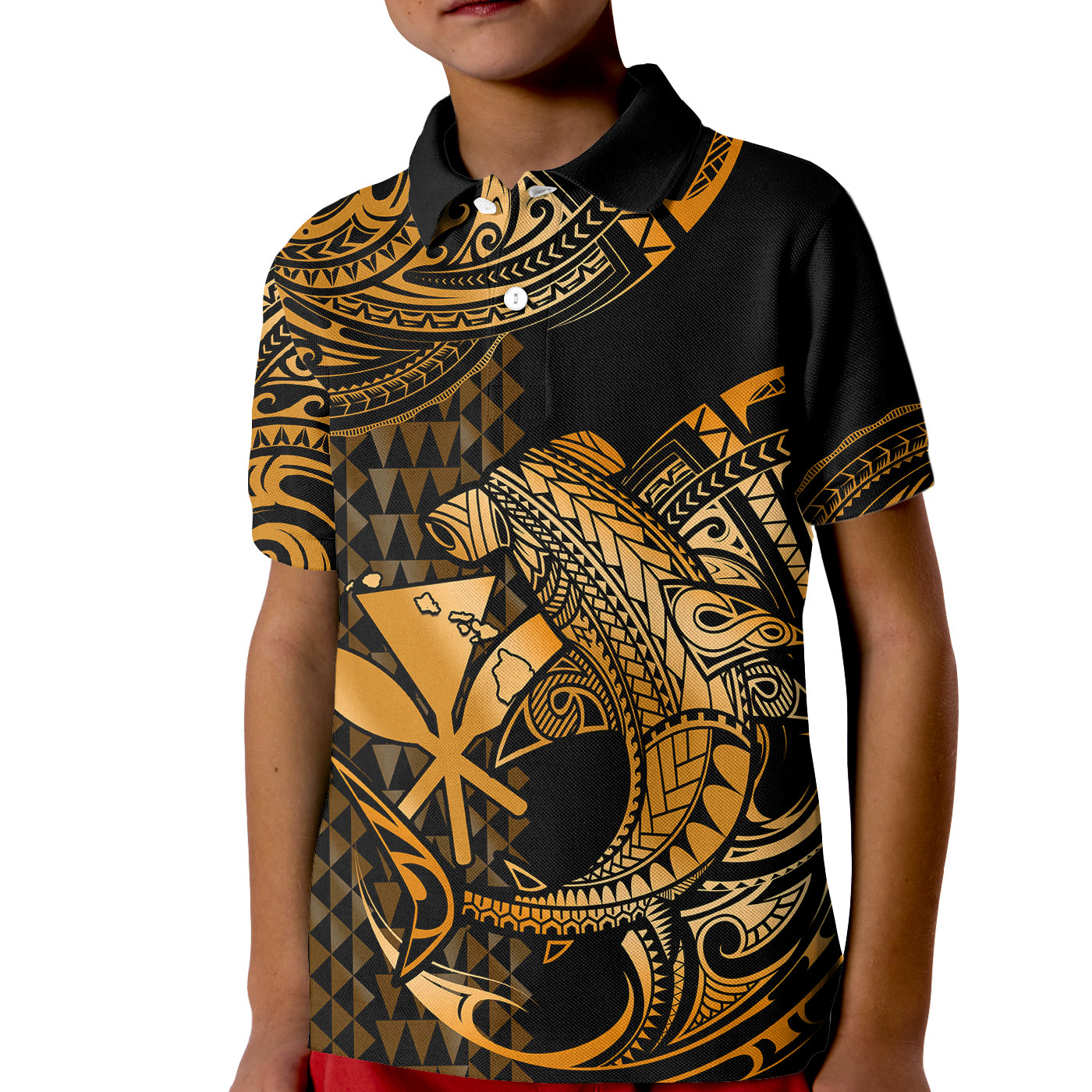 (Custom Personalised) Hawaii Hammerhead Shark Kid Polo Shirt Polynesian Kakau With Kanaka Gold LT14 Kid Gold - Polynesian Pride